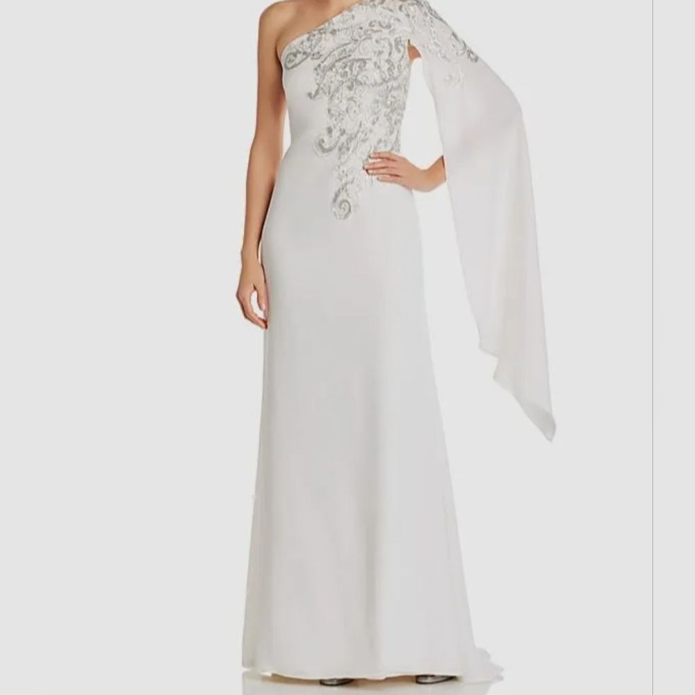 Tadashi Shoji Women's White Embellished Cape Sleeve Evening wedding Dress